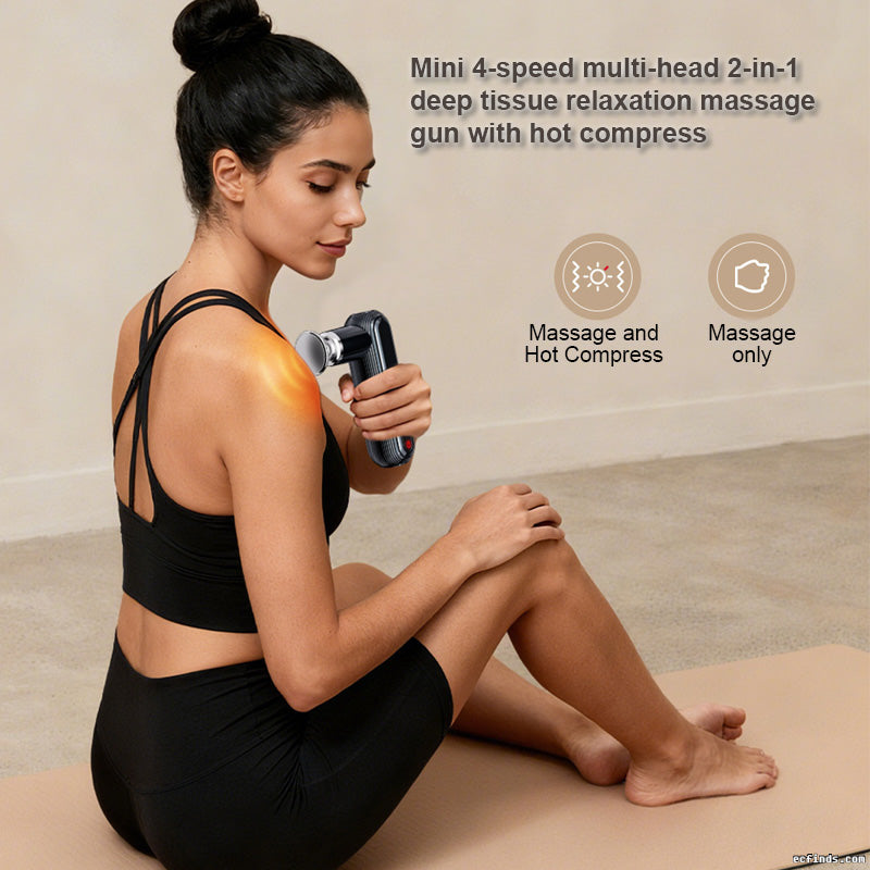 Mini 4-speed multi-head 2-in-1 deep tissue massage gun with hot compress
